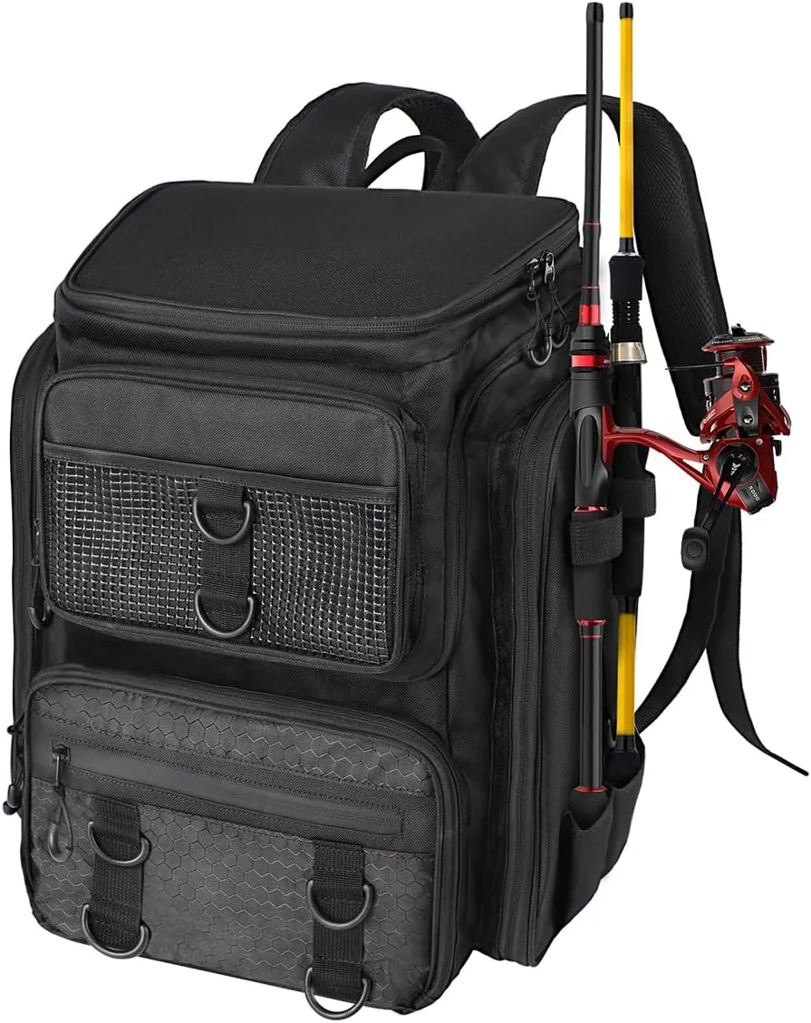 Vangue Fishing Backpack with Rod Holders Waterproof Rain Cover Large Tackle Box Store Fishing Accessories for Fishing Camping Hiking Gift for Men Father(Black)