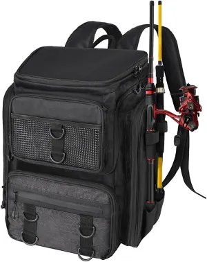 Vangue Fishing Backpack with Rod Holders Waterproof Rain Cover Large Tackle Box Store Fishing Accessories for Fishing Camping Hiking Gift for Men Father(Black)