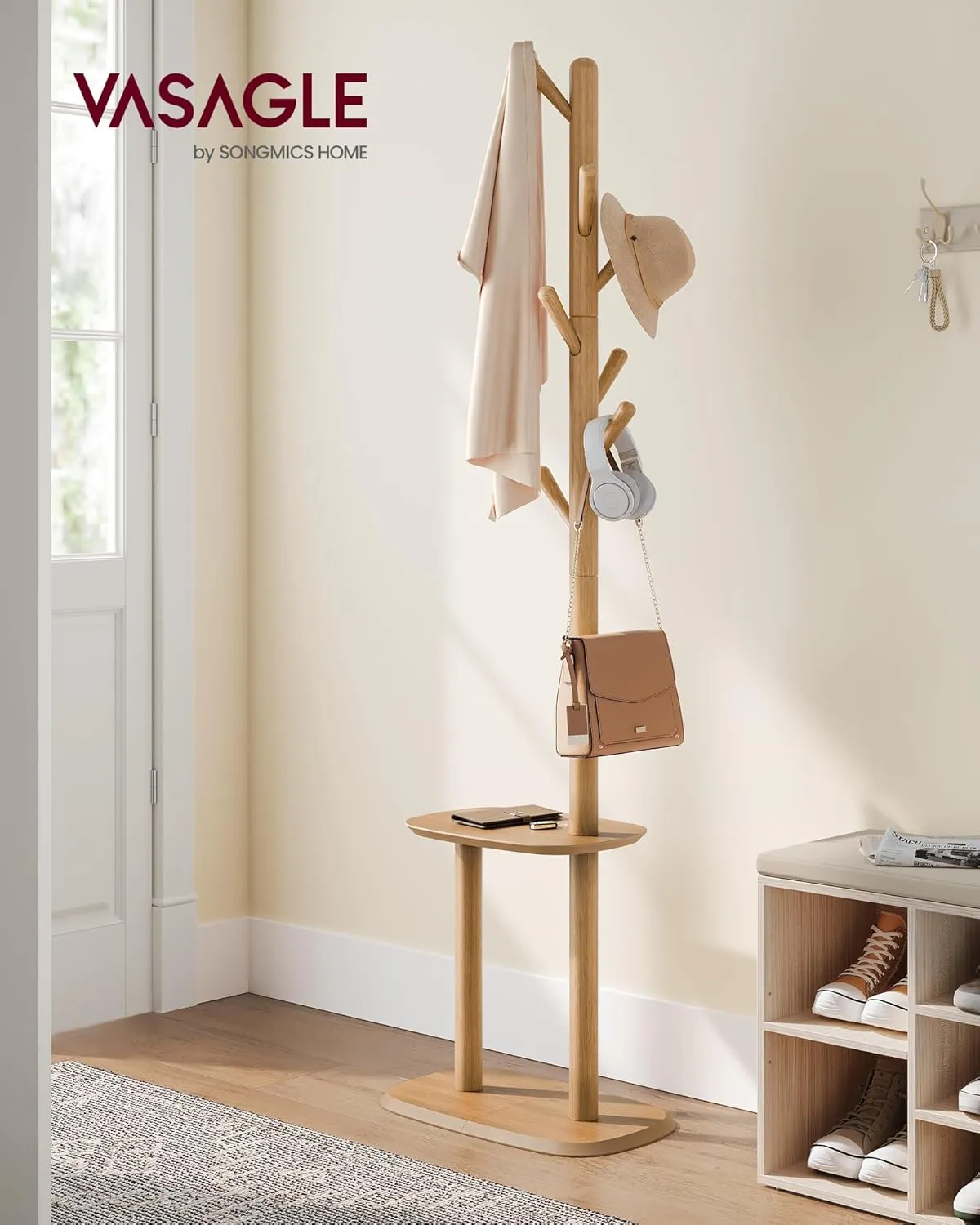 VASAGLE Coat Rack, Free Standing Coat Stand, Hall Coat Tree with 8 Hooks and Storage Shelf, 67.2 Inch Tall, for Coats, Hats, Bags, for Entryway, Hallway, Bedroom, Natural Beige URCR040N02