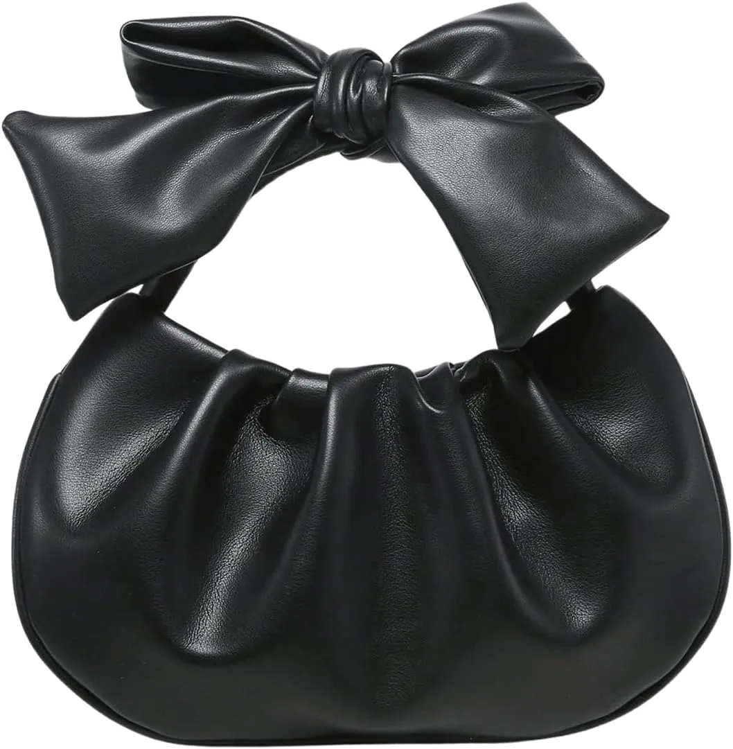 Verdusa Women's Ruched Hobo Handbag Cute Bow Clutch Purse Small Leather Top Handle Bags
