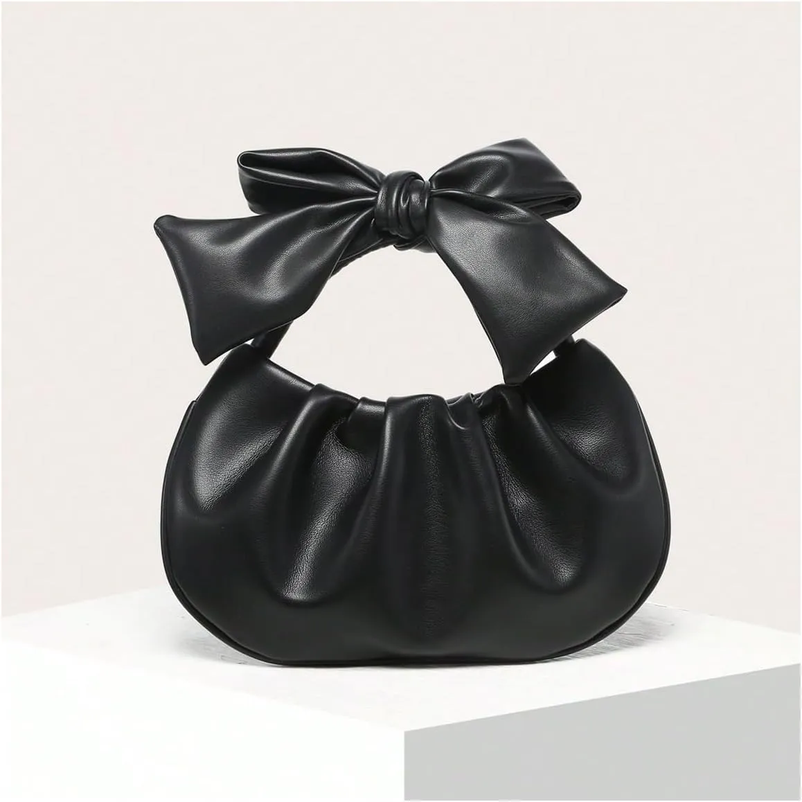 Verdusa Women's Ruched Hobo Handbag Cute Bow Clutch Purse Small Leather Top Handle Bags