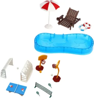 VICASKY Miniature Dollhouse Pool Accessories with Beach Chair Umbrella Swim Ring Basketball Hoop and Decor for Creative Play and Imaginative Fun Fairy Gardens and Playhouses