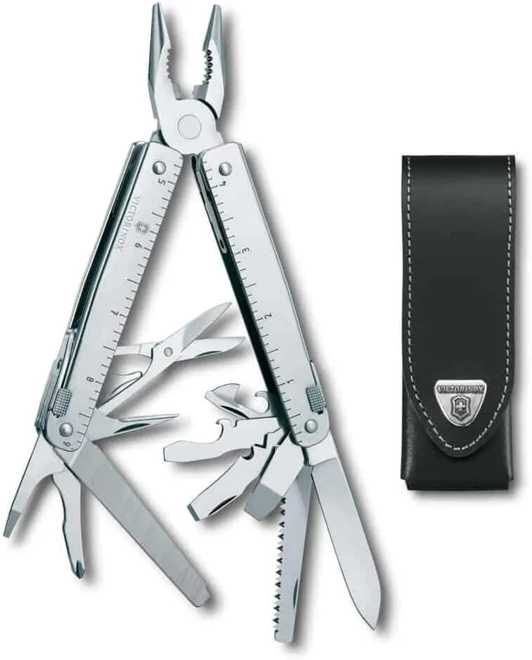 Victorinox Swiss Tool X Swiss Army Knife, 26 Function Swiss Made Multitool with Large Blade, Pliers and Wire Cutter - Silver with Leather Pouch