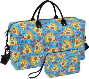 VIGTRO Travel Duffel Bag Weekender Overnight Bag with Toiletry Bag Cartoon Pizza Sausage Circle Printed, Carry On Luggage Bag for Hospital Gym Travel Business, 2 Pcs Set