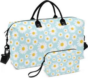 VIGTRO Travel Duffel Bag Weekender Overnight Bag with Toiletry Bag Chamomile Flowers Printed, Carry On Luggage Bag Daisies for Hospital Gym Travel Business, 2 Pcs Set