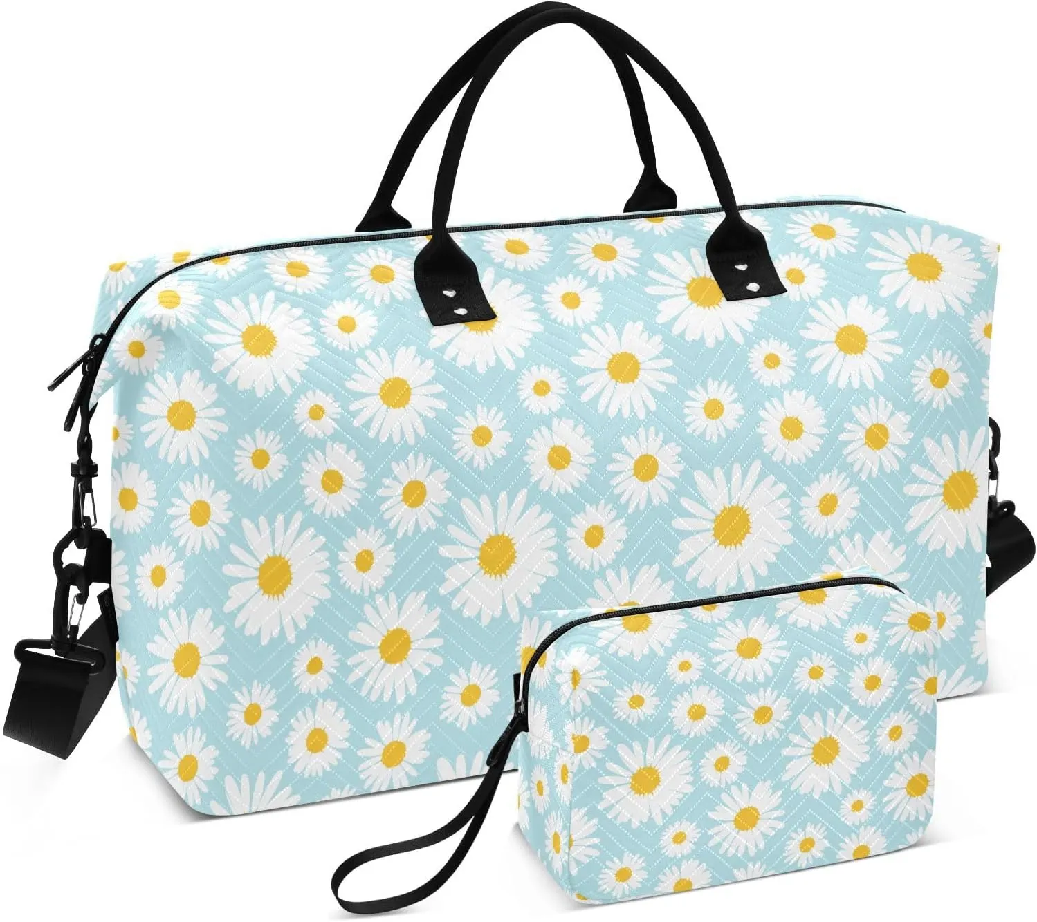 VIGTRO Travel Duffel Bag Weekender Overnight Bag with Toiletry Bag Chamomile Flowers Printed, Carry On Luggage Bag Daisies for Hospital Gym Travel Business, 2 Pcs Set