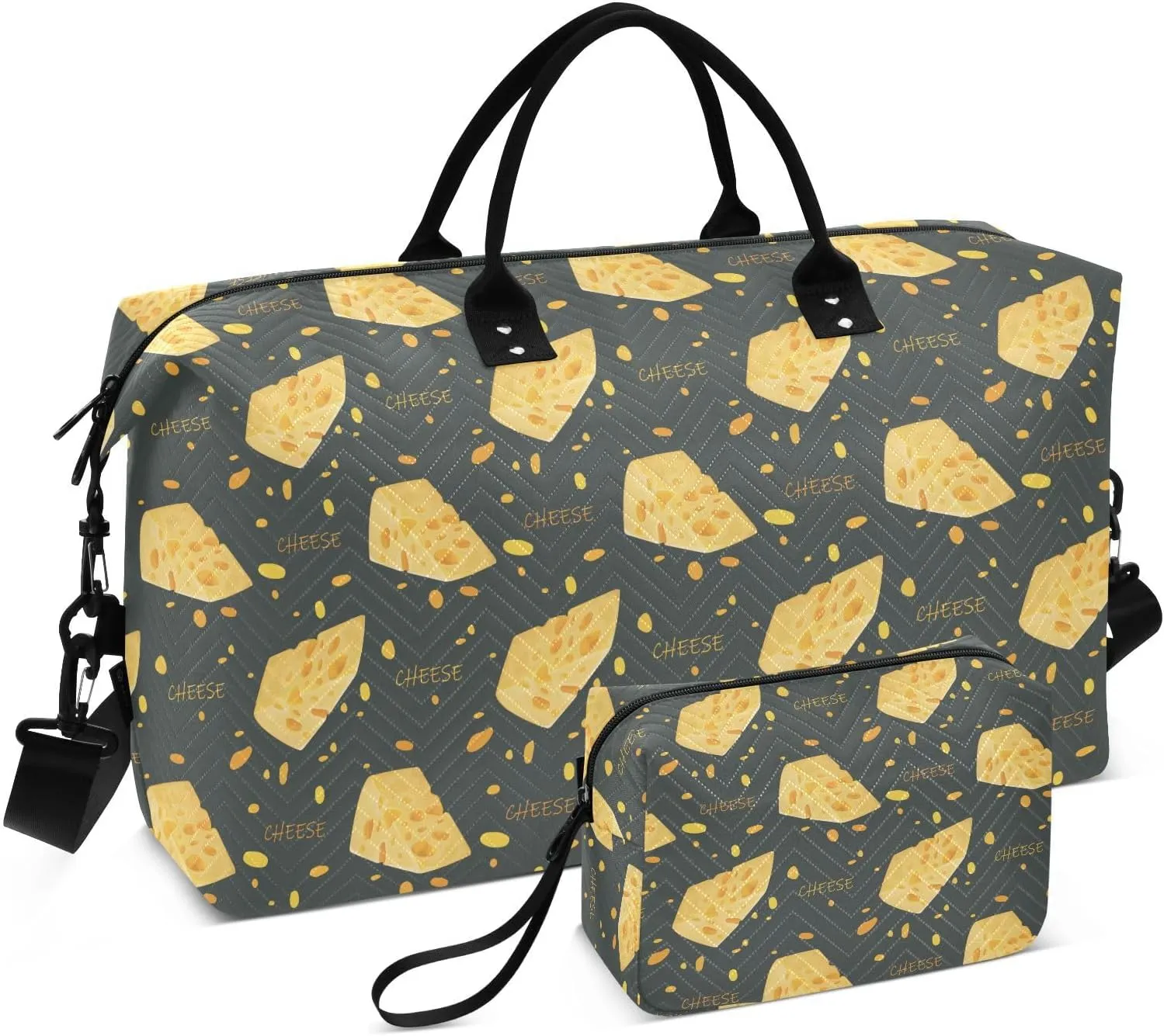 VIGTRO Travel Duffel Bag Weekender Overnight Bag with Toiletry Bag Cute Cartoon Cheese Printed, Carry On Luggage Bag for Hospital Gym Travel Business, 2 Pcs Set