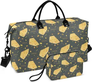 VIGTRO Travel Duffel Bag Weekender Overnight Bag with Toiletry Bag Cute Cartoon Cheese Printed, Carry On Luggage Bag for Hospital Gym Travel Business, 2 Pcs Set