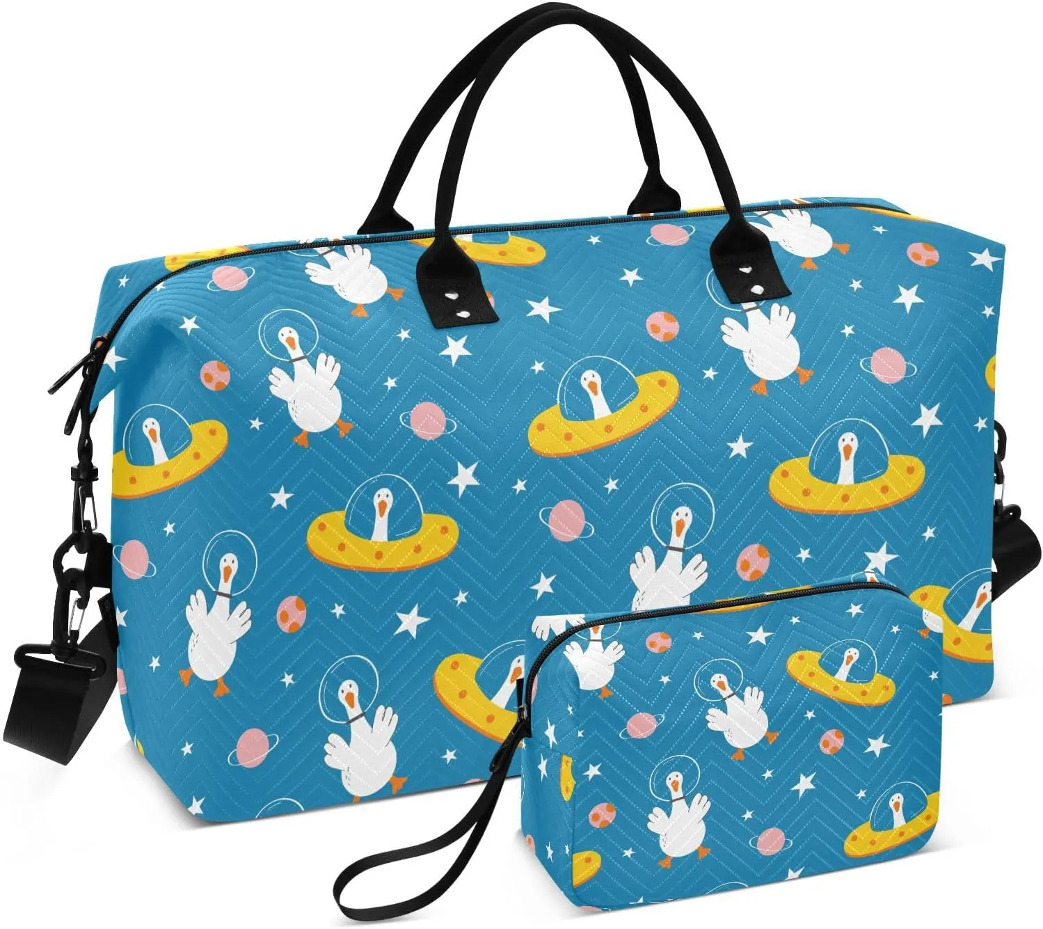 VIGTRO Travel Duffel Bag Weekender Overnight Bag with Toiletry Bag Cute Cartoon Goose Planet Stars Printed, Carry On Luggage Bag Hand Drawn for Hospital Gym Travel Business, 2 Pcs Set