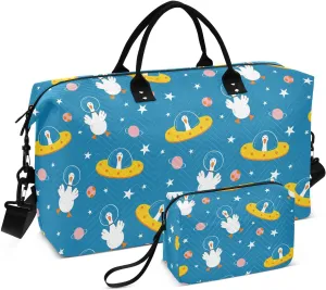 VIGTRO Travel Duffel Bag Weekender Overnight Bag with Toiletry Bag Cute Cartoon Goose Planet Stars Printed, Carry On Luggage Bag Hand Drawn for Hospital Gym Travel Business, 2 Pcs Set