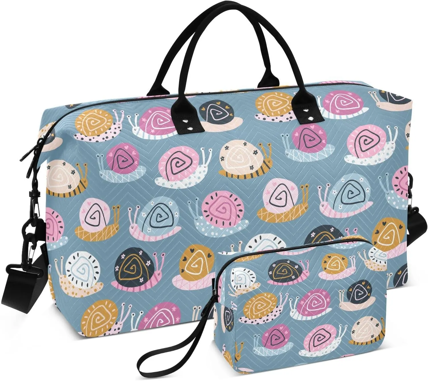 VIGTRO Travel Duffel Bag Weekender Overnight Bag with Toiletry Bag Cute Colorful Snails Pattern Printed, Carry On Luggage Bag for Hospital Gym Travel Business, 2 Pcs Set