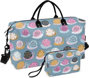 VIGTRO Travel Duffel Bag Weekender Overnight Bag with Toiletry Bag Cute Colorful Snails Pattern Printed, Carry On Luggage Bag for Hospital Gym Travel Business, 2 Pcs Set