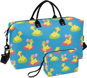 VIGTRO Travel Duffel Bag Weekender Overnight Bag with Toiletry Bag Cute Duck Swim Ring Printed, Carry On Luggage Bag Summer for Hospital Gym Travel Business, 2 Pcs Set