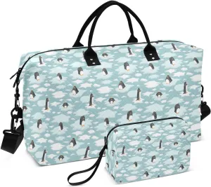 VIGTRO Travel Duffel Bag Weekender Overnight Bag with Toiletry Bag Cute Penguins on Ice Floe Printed, Carry On Luggage Bag for Hospital Gym Travel Business, 2 Pcs Set