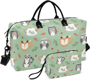 VIGTRO Travel Duffel Bag Weekender Overnight Bag with Toiletry Bag Cute Tea Cups Forest Animals Printed, Carry On Luggage Bag for Hospital Gym Travel Business, 2 Pcs Set