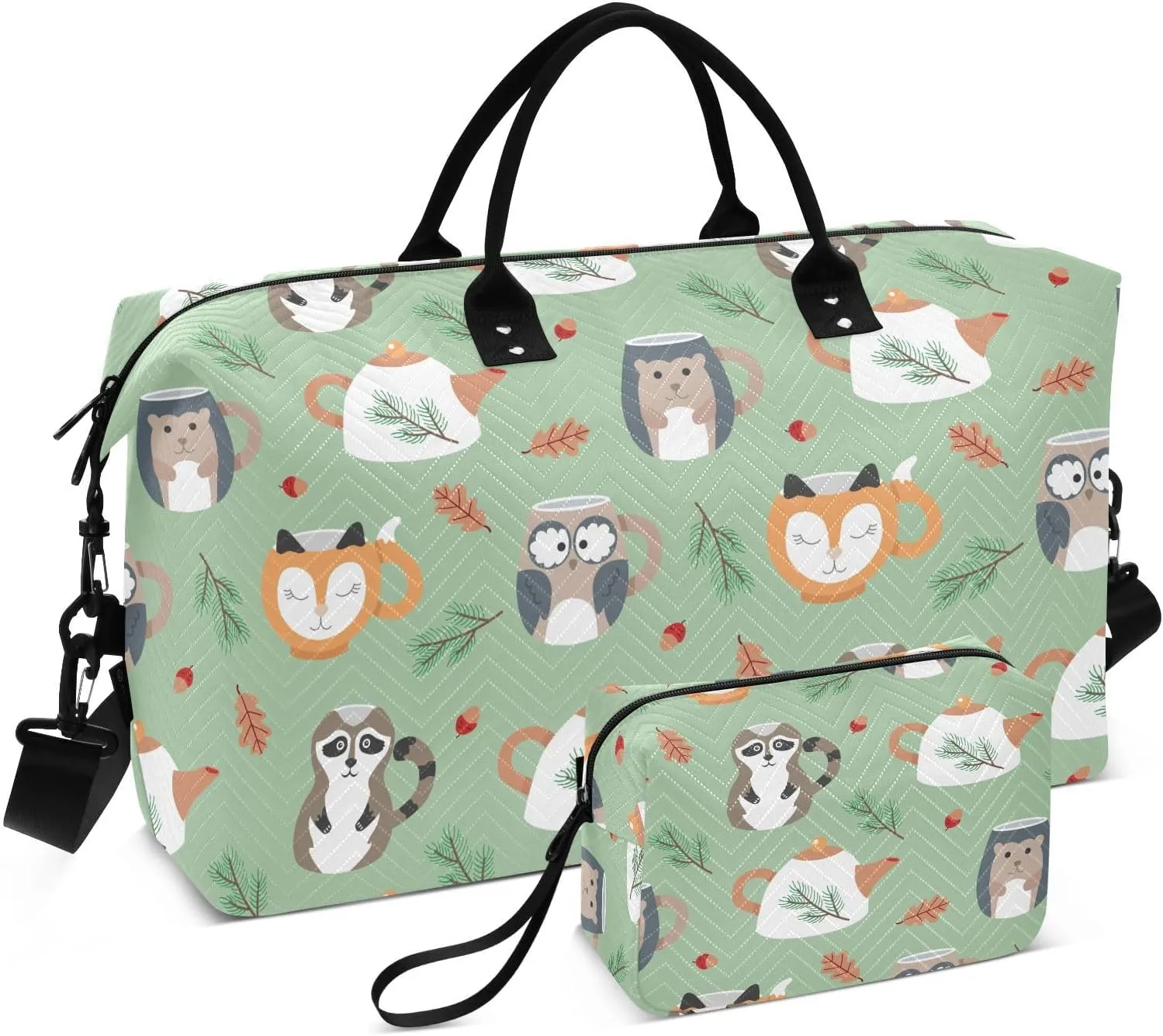 VIGTRO Travel Duffel Bag Weekender Overnight Bag with Toiletry Bag Cute Tea Cups Forest Animals Printed, Carry On Luggage Bag for Hospital Gym Travel Business, 2 Pcs Set