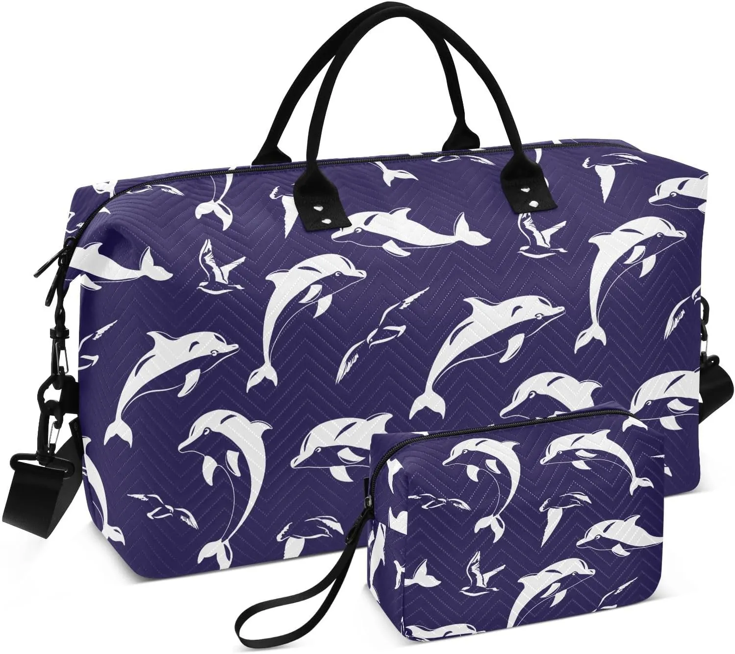 VIGTRO Travel Duffel Bag Weekender Overnight Bag with Toiletry Bag Dolphins White Animals Printed, Carry On Luggage Bag for Hospital Gym Travel Business, 2 Pcs Set