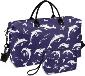 VIGTRO Travel Duffel Bag Weekender Overnight Bag with Toiletry Bag Dolphins White Animals Printed, Carry On Luggage Bag for Hospital Gym Travel Business, 2 Pcs Set