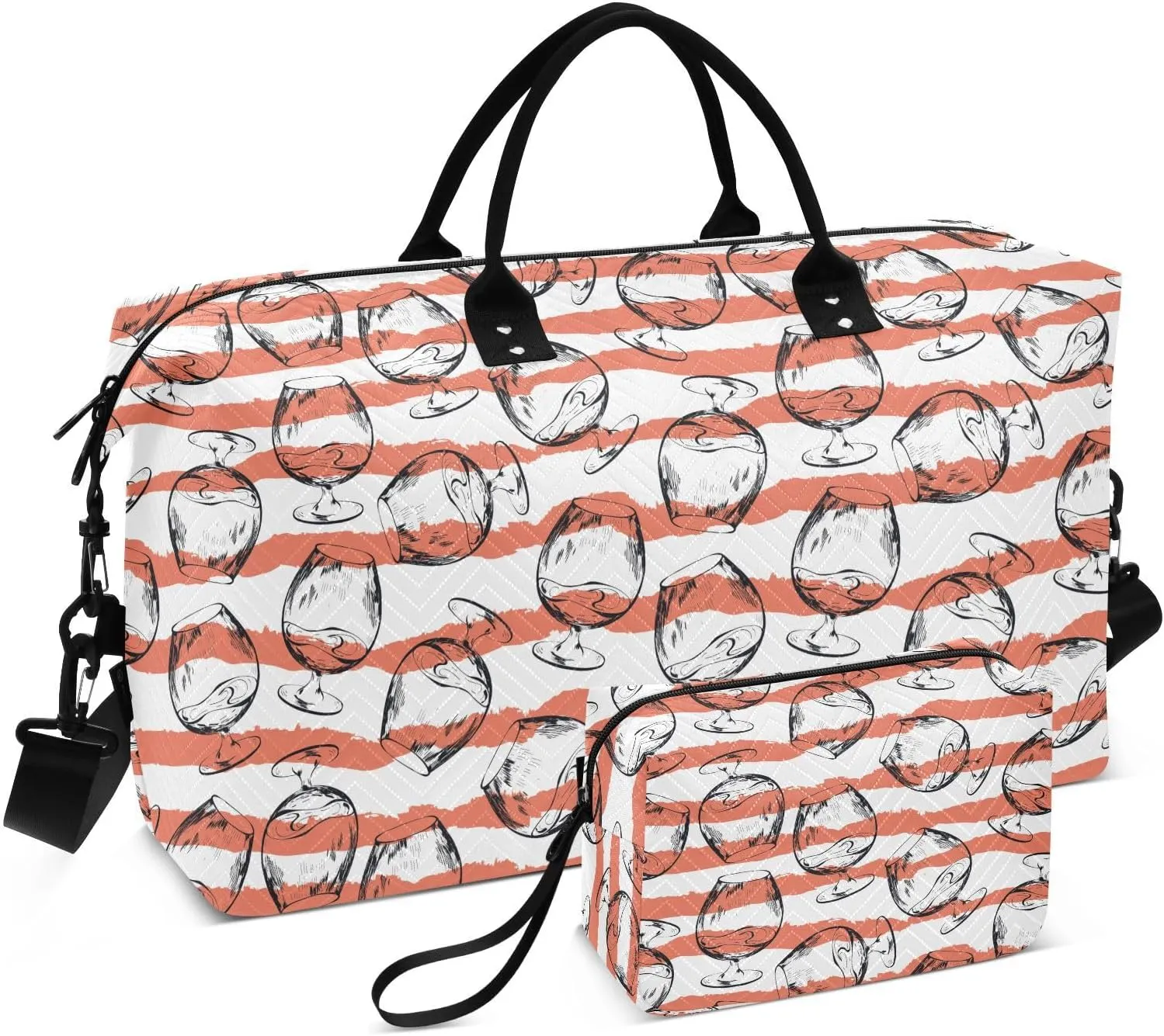 VIGTRO Travel Duffel Bag Weekender Overnight Bag with Toiletry Bag Drink Alcohol Printed, Carry On Luggage Bag for Hospital Gym Travel Business, 2 Pcs Set