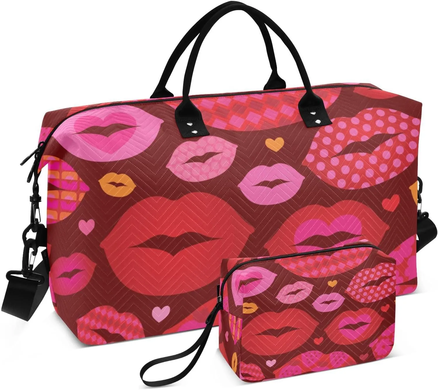 VIGTRO Travel Duffel Bag Weekender Overnight Bag with Toiletry Bag Funny Love Lips Printed, Carry On Luggage Bag Heart Cute Mouth for Hospital Gym Travel Business, 2 Pcs Set