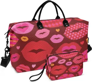 VIGTRO Travel Duffel Bag Weekender Overnight Bag with Toiletry Bag Funny Love Lips Printed, Carry On Luggage Bag Heart Cute Mouth for Hospital Gym Travel Business, 2 Pcs Set