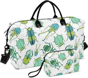 VIGTRO Travel Duffel Bag Weekender Overnight Bag with Toiletry Bag Green Cute Beetles Pattern Printed, Carry On Luggage Bag for Hospital Gym Travel Business, 2 Pcs Set