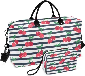 VIGTRO Travel Duffel Bag Weekender Overnight Bag with Toiletry Bag Hand Drawn Cherries Strip Printed, Carry On Luggage Bag for Hospital Gym Travel Business, 2 Pcs Set