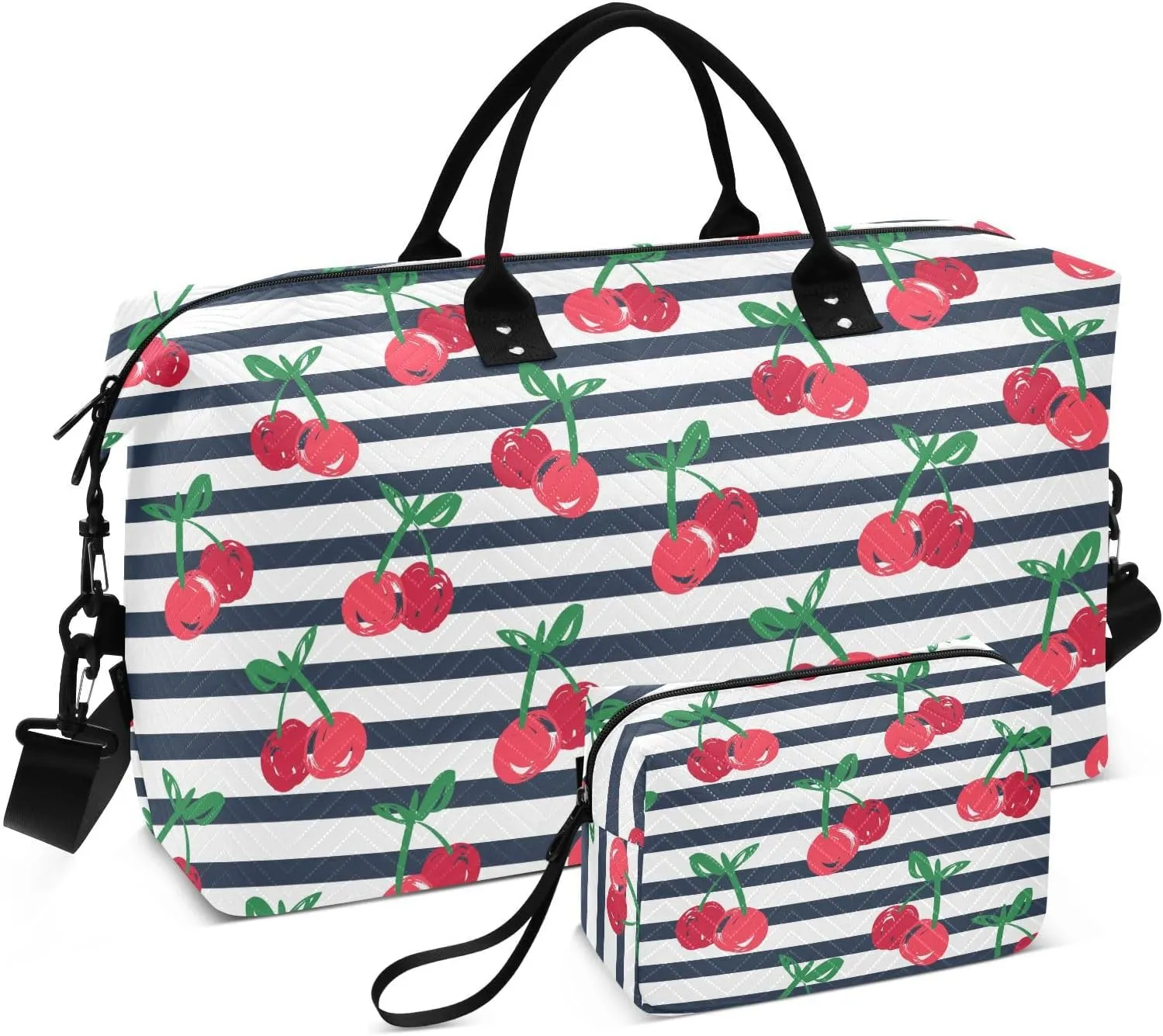 VIGTRO Travel Duffel Bag Weekender Overnight Bag with Toiletry Bag Hand Drawn Cherries Strip Printed, Carry On Luggage Bag for Hospital Gym Travel Business, 2 Pcs Set