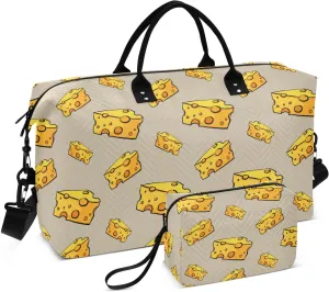 VIGTRO Travel Duffel Bag Weekender Overnight Bag with Toiletry Bag Hard Cheese with Holes Printed, Carry On Luggage Bag for Hospital Gym Travel Business, 2 Pcs Set