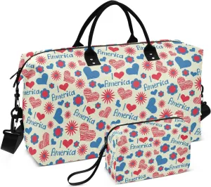 VIGTRO Travel Duffel Bag Weekender Overnight Bag with Toiletry Bag I Love American Hearts Printed, Carry On Luggage Bag Independence Day for Hospital Gym Travel Business, 2 Pcs Set