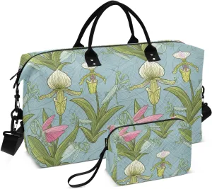 VIGTRO Travel Duffel Bag Weekender Overnight Bag with Toiletry Bag Mantis Insects Orchid Flowers Printed, Carry On Luggage Bag for Hospital Gym Travel Business, 2 Pcs Set