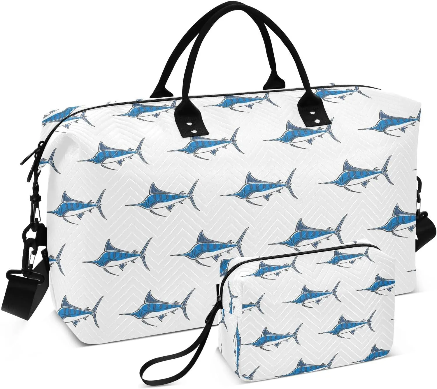 VIGTRO Travel Duffel Bag Weekender Overnight Bag with Toiletry Bag Marlin Sailfish Pattern Printed, Carry On Luggage Bag for Hospital Gym Travel Business, 2 Pcs Set
