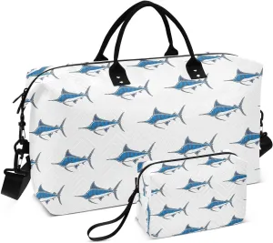 VIGTRO Travel Duffel Bag Weekender Overnight Bag with Toiletry Bag Marlin Sailfish Pattern Printed, Carry On Luggage Bag for Hospital Gym Travel Business, 2 Pcs Set