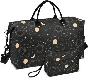 VIGTRO Travel Duffel Bag Weekender Overnight Bag with Toiletry Bag Mystical Sun Moon Stars Printed, Carry On Luggage Bag Cartoon for Hospital Gym Travel Business, 2 Pcs Set