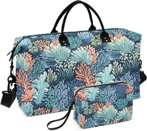VIGTRO Travel Duffel Bag Weekender Overnight Bag with Toiletry Bag Ocean Underwater Coral Reef Printed, Carry On Luggage Bag for Hospital Gym Travel Business, 2 Pcs Set