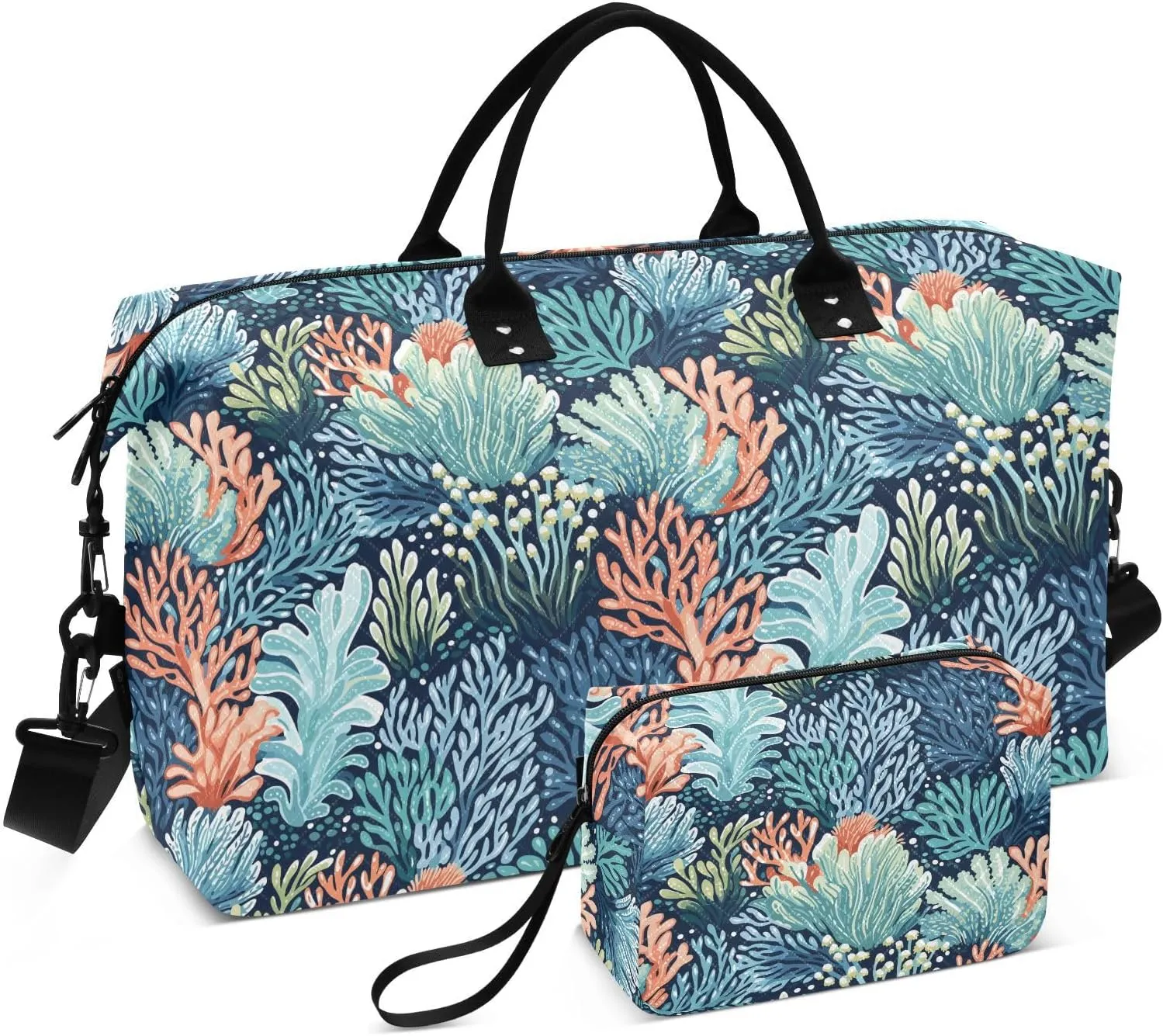 VIGTRO Travel Duffel Bag Weekender Overnight Bag with Toiletry Bag Ocean Underwater Coral Reef Printed, Carry On Luggage Bag for Hospital Gym Travel Business, 2 Pcs Set