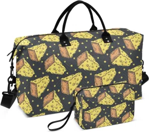 VIGTRO Travel Duffel Bag Weekender Overnight Bag with Toiletry Bag Seamless Sweet Cheese Pattern Printed, Carry On Luggage Bag for Hospital Gym Travel Business, 2 Pcs Set