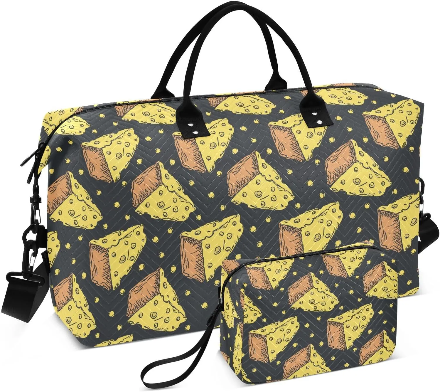 VIGTRO Travel Duffel Bag Weekender Overnight Bag with Toiletry Bag Seamless Sweet Cheese Pattern Printed, Carry On Luggage Bag for Hospital Gym Travel Business, 2 Pcs Set