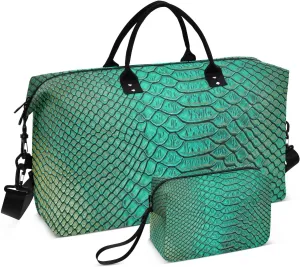VIGTRO Travel Duffel Bag Weekender Overnight Bag with Toiletry Bag Snake Skin Print Printed, Carry On Luggage Bag Animal Green for Hospital Gym Travel Business, 2 Pcs Set