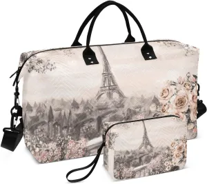 VIGTRO Travel Duffel Bag Weekender Overnight Bag with Toiletry Bag Summer in Paris Printed, Carry On Luggage Bag Eiffel Tower France for Hospital Gym Travel Business, 2 Pcs Set