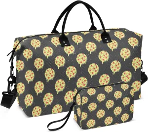 VIGTRO Travel Duffel Bag Weekender Overnight Bag with Toiletry Bag Tasty Pizza Circles Printed, Carry On Luggage Bag Hand Drawn for Hospital Gym Travel Business, 2 Pcs Set