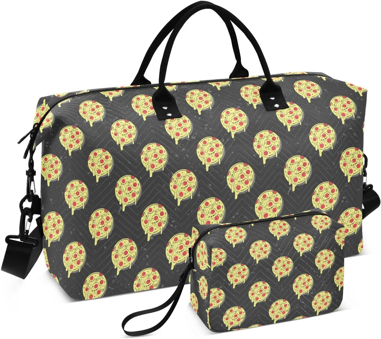 VIGTRO Travel Duffel Bag Weekender Overnight Bag with Toiletry Bag Tasty Pizza Circles Printed, Carry On Luggage Bag Hand Drawn for Hospital Gym Travel Business, 2 Pcs Set