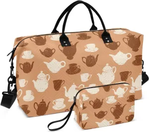 VIGTRO Travel Duffel Bag Weekender Overnight Bag with Toiletry Bag Teacups and The Teapots Printed, Carry On Luggage Bag for Hospital Gym Travel Business, 2 Pcs Set