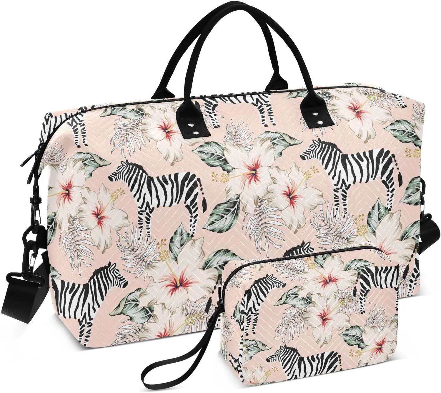VIGTRO Travel Duffel Bag Weekender Overnight Bag with Toiletry Bag Tropical Zebra Pink Flowers Printed, Carry On Luggage Bag for Hospital Gym Travel Business, 2 Pcs Set