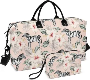 VIGTRO Travel Duffel Bag Weekender Overnight Bag with Toiletry Bag Tropical Zebra Pink Flowers Printed, Carry On Luggage Bag for Hospital Gym Travel Business, 2 Pcs Set