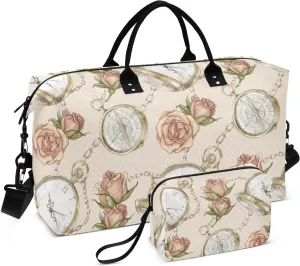 VIGTRO Travel Duffel Bag Weekender Overnight Bag with Toiletry Bag Vintage Watches Gold Chains Roses Printed, Carry On Luggage Bag for Hospital Gym Travel Business, 2 Pcs Set