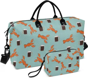 VIGTRO Weekender Bag Travel Duffle Bag for Women Men Beer with Shellfish Snacks Printed, Overnight Bag for Gym Work with Toiletry Bag, 2 PCS Set