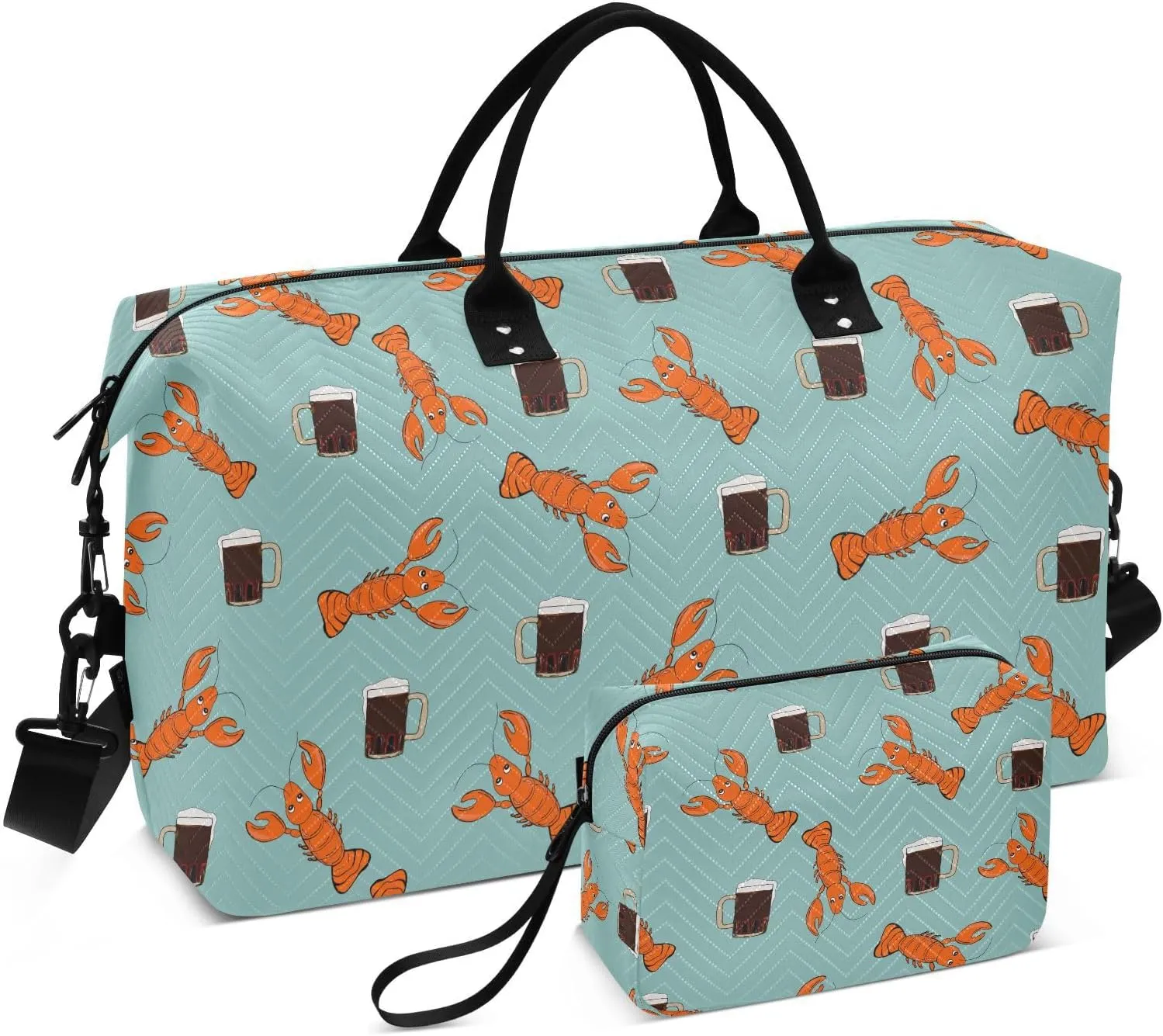 VIGTRO Weekender Bag Travel Duffle Bag for Women Men Beer with Shellfish Snacks Printed, Overnight Bag for Gym Work with Toiletry Bag, 2 PCS Set
