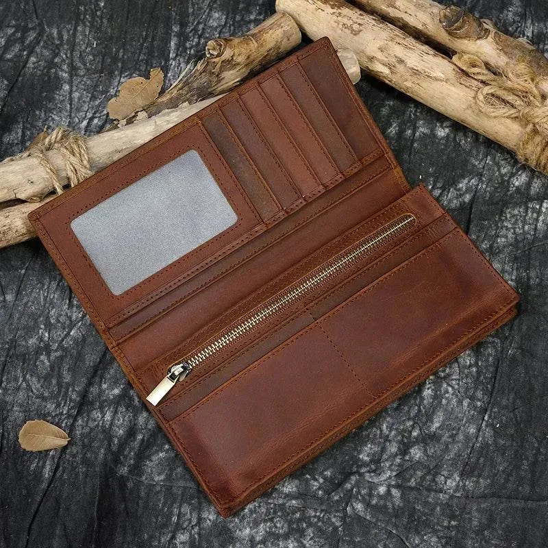 Vintage Fashion Men’s Long Wallet with Credit Card Zipper Inner Bifold