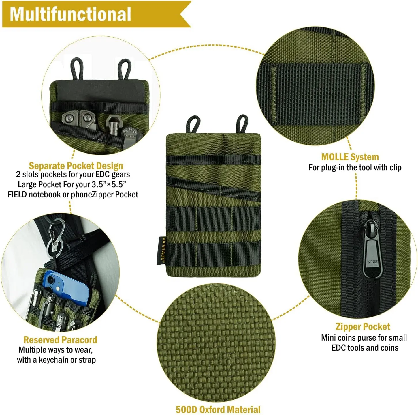 VIPERADE VE3 Tool Pouch Pocket Organizer, Nylon Tool Belt Loop Pouch with 4 Pockets Tool Storage EDC Pouch for Flashlight/Pocket Knife, Tactical Pen, Notebook (OD Green)